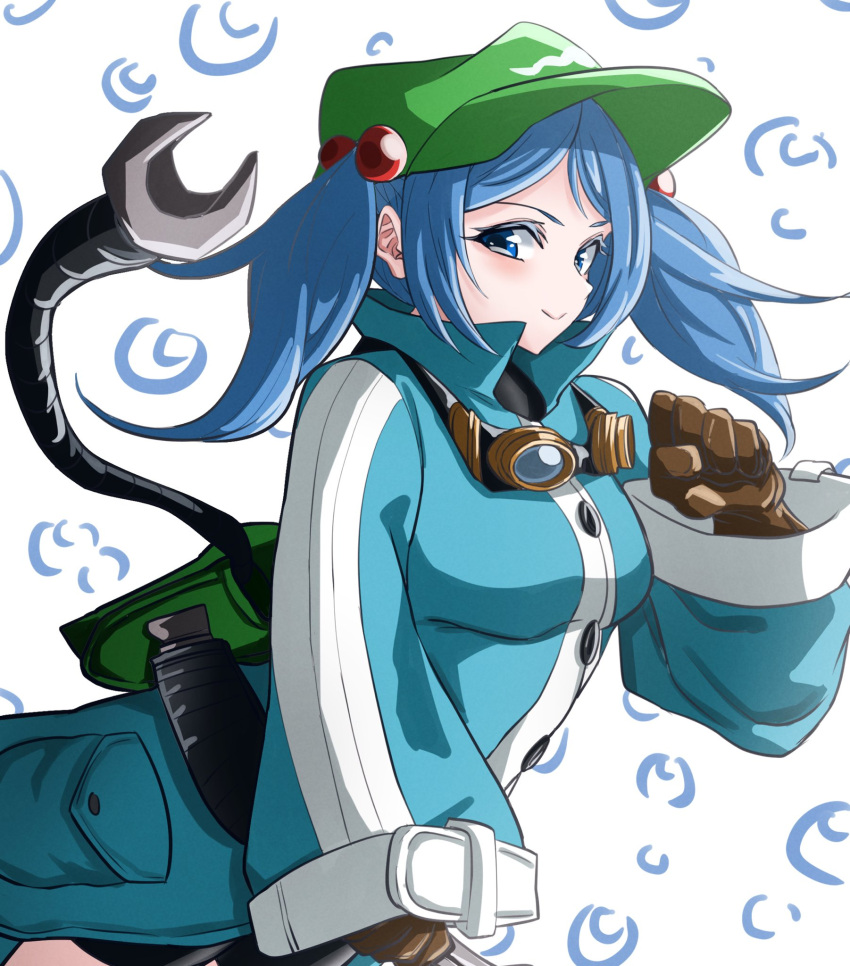 1girl, :>, adapted_costume, alinoce716, backpack, bag, blue_eyes, blue_hair