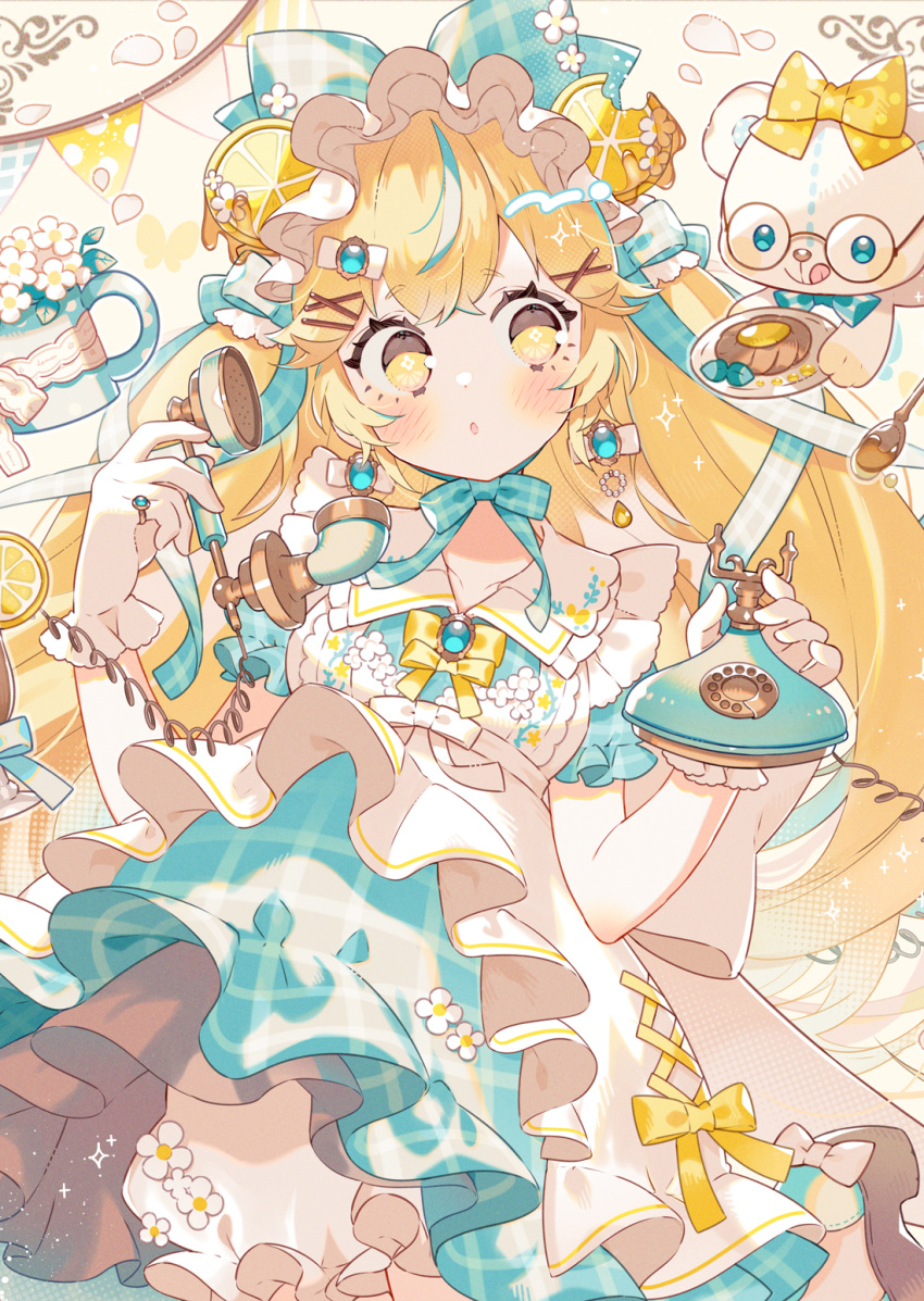 1girl, blonde_hair, blue_bow, blue_hair, blush, bow, cup, dress