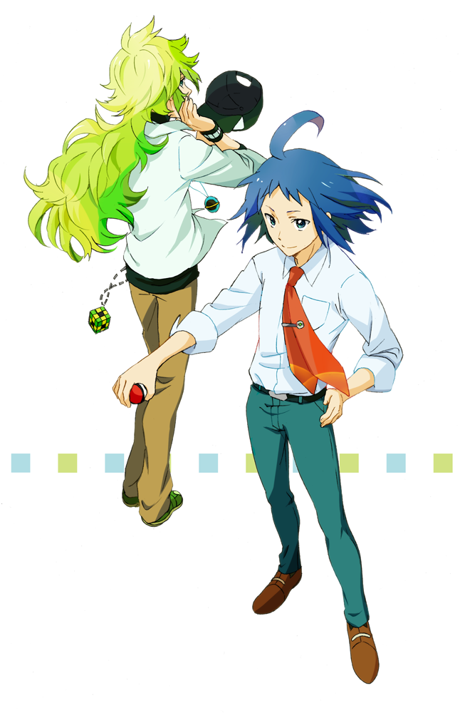 2boys, ahoge, belt, black_headwear, blue_eyes, breast_pocket, brown_footwear, cheren_(pokemon)