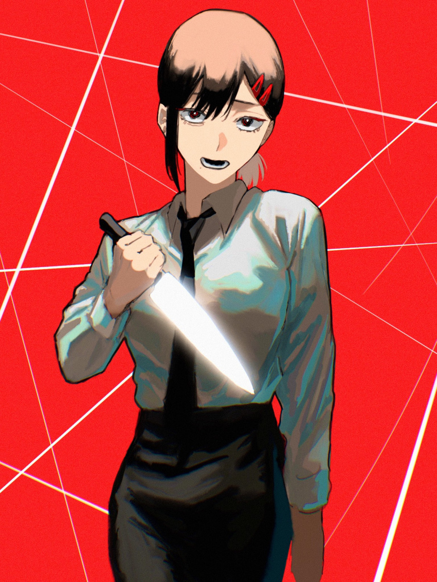 1girl, bangs, black_hair, black_necktie, black_pants, chainsaw_man, collared_shirt, hair_ornament, hairclip, higashiyama_kobeni, highres, holding, holding_knife, knife, kota_2kx, looking_at_viewer, mole, mole_under_mouth, necktie, open_mouth, pants, red_background, shirt, shirt_tucked_in, short_hair, short_ponytail, single_sidelock, solo, swept_bangs, white_shirt