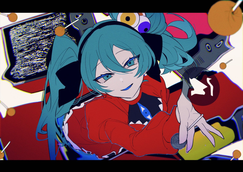 blue_eyes, blue_hair, blue_tongue, candy, chromatic_aberration, colored_tongue, dress, extra_eyes, food, hair_ornament, hassan_(sink916), hatsune_miku, highres, holding, holding_weapon, lollipop, long_sleeves, looking_at_viewer, old_television, psi_(vocaloid), red_dress, smile, static, tagme, twintails, upper_body, vocaloid, weapon, white_background