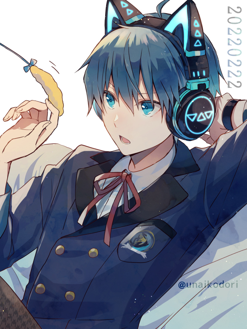1boy, amamine_shu, animal_ear_headphones, animal_ears, aqua_eyes, blue_hair, blue_jacket, bow
