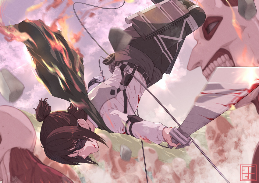 1girl, absurdres, artist_logo, bangs, black_pants, blood, blood_on_clothes, blood_on_face