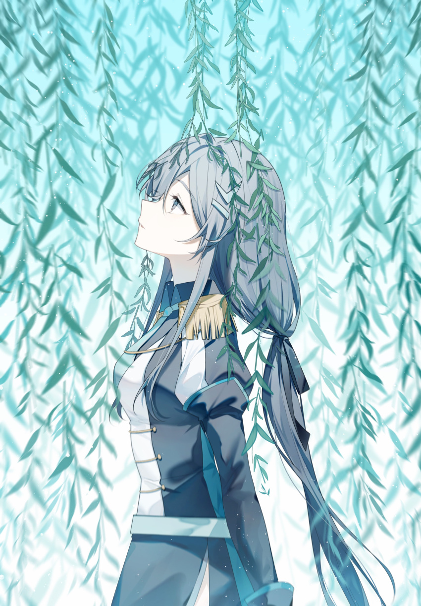 1girl, absurdres, bangs, black_eyes, black_hair, black_jacket, black_shirt, cheng_lixue, collared_shirt, green_necktie, highres, honkai_(series), honkai_impact_3rd, jacket, long_hair, long_sleeves, looking_up, necktie, parted_lips, saya_atang, shirt, solo, upper_body, white_background
