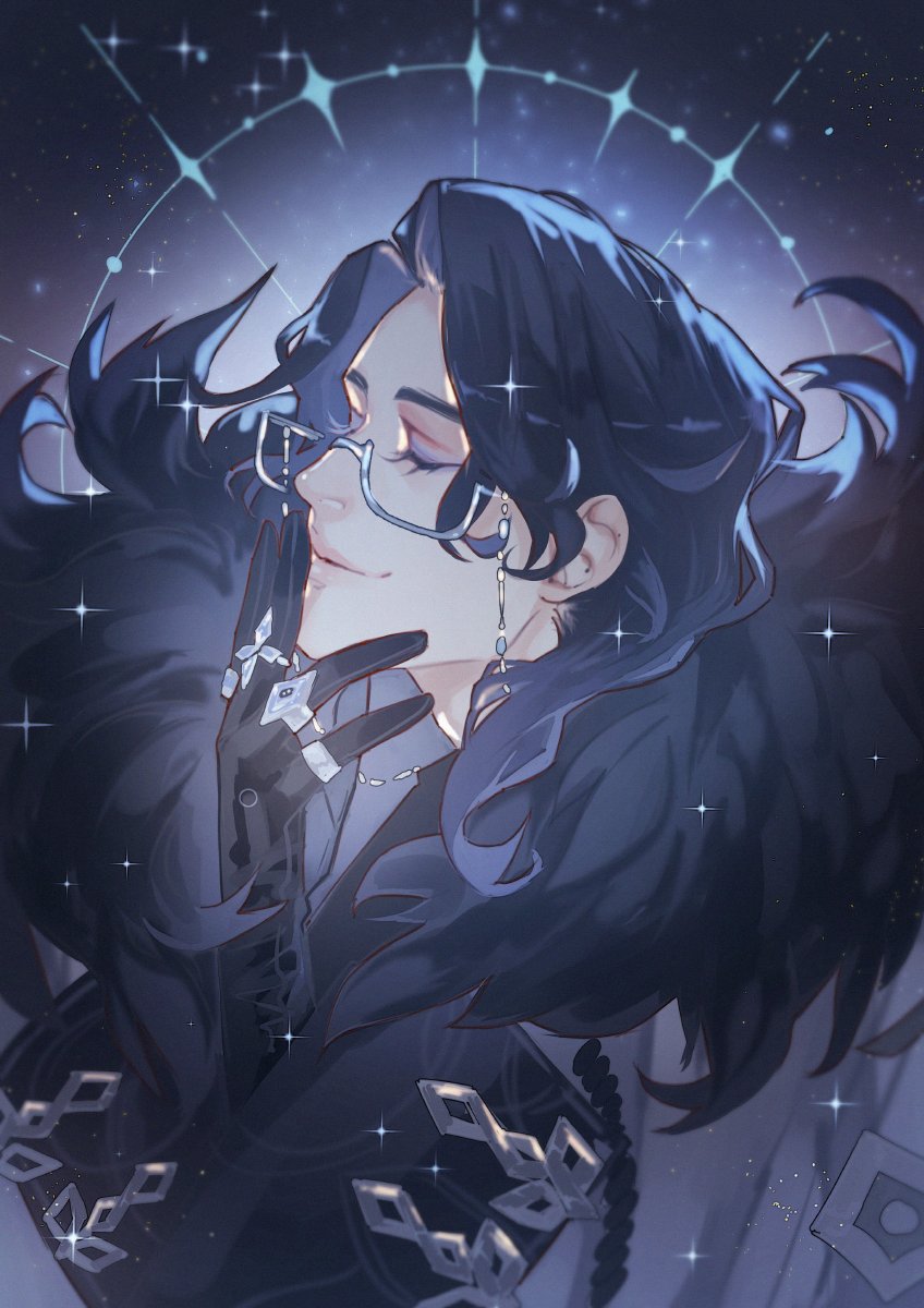 1boy, bangs, black_gloves, black_hair, black_shirt, closed_eyes, coat, coat_on_shoulders