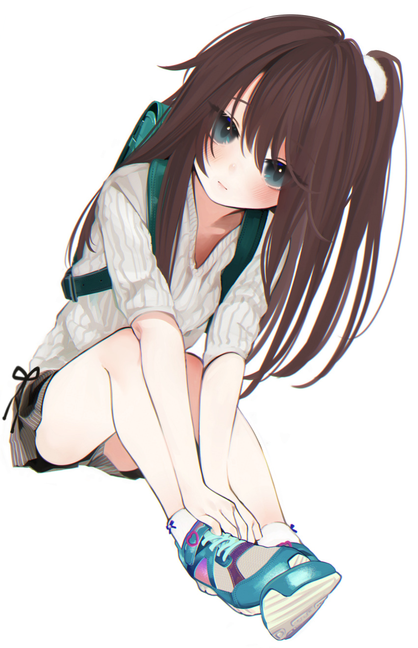 1girl, backpack, bad_id, bad_twitter_id, bag, bare_legs, blue_eyes, blush