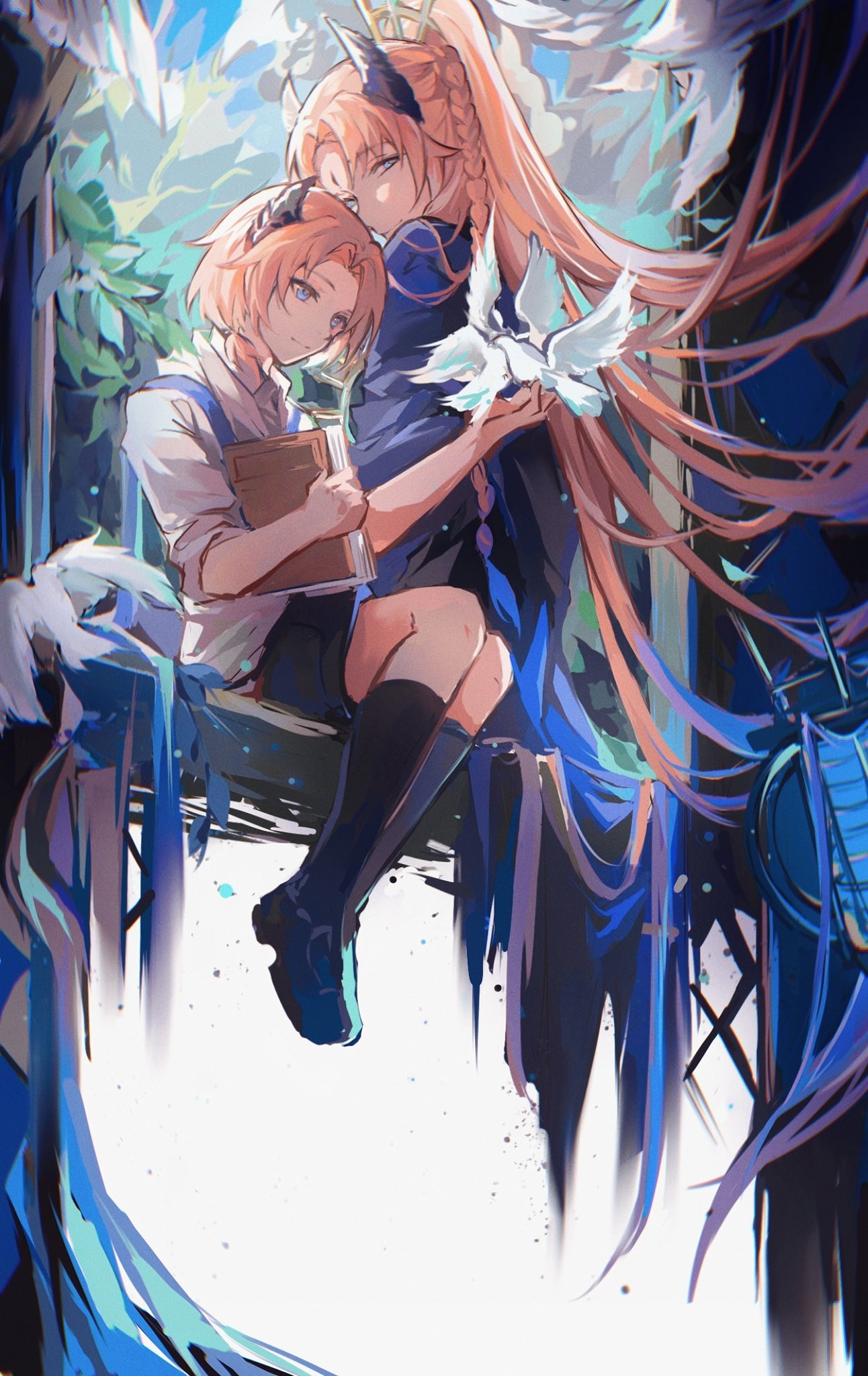 2boys, aged_down, arknights, bangs, bird, bird_on_hand, black_footwear, black_shorts
