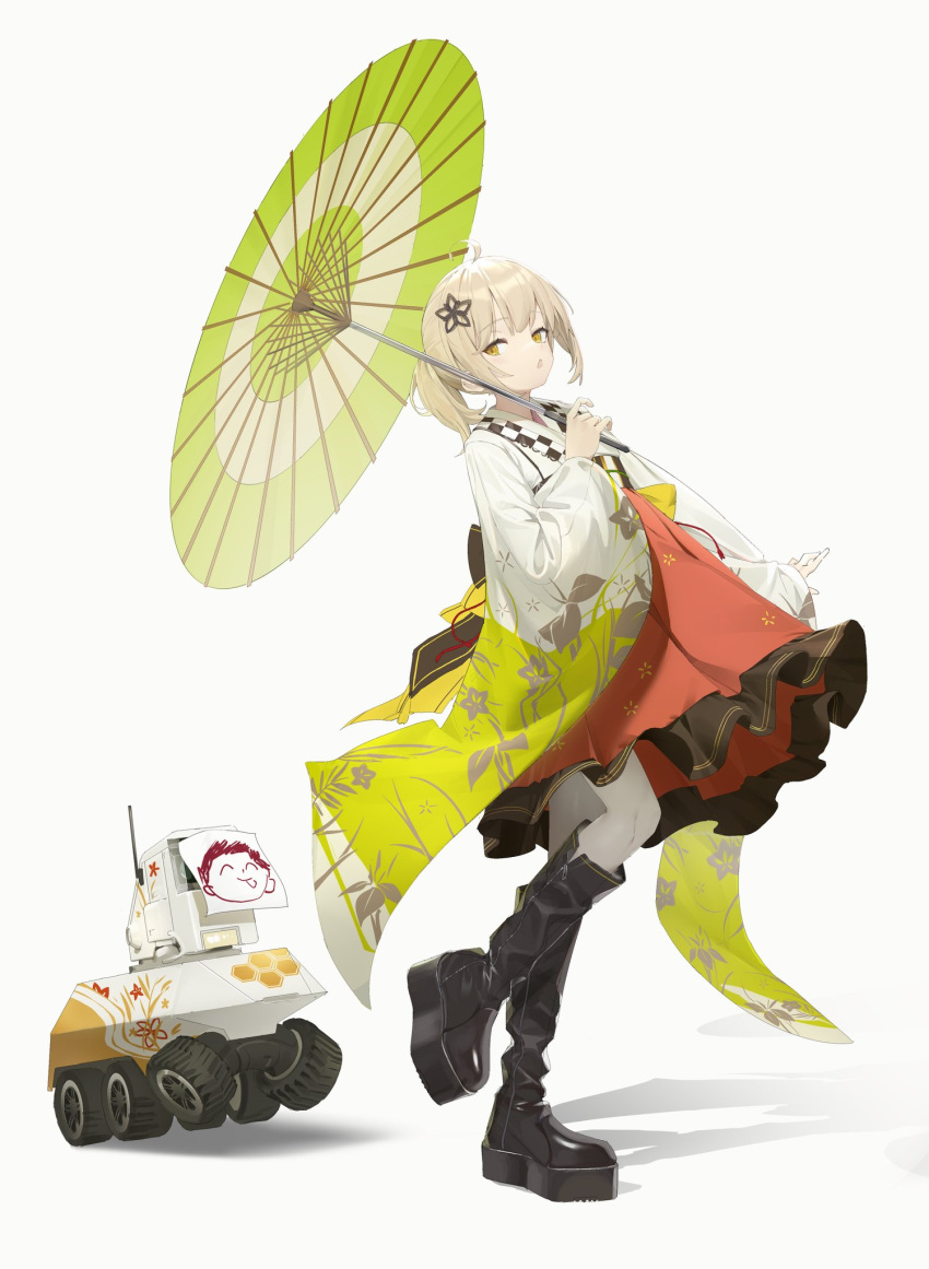 2t_(vmyz7342), ahoge, arknights, arona's_sensei_doodle_(blue_archive), highres, holding, holding_umbrella, japanese_clothes, kimono, lens_(arknights), long_sleeves, ponytail, scene_(arknights), sensei_(blue_archive), short_hair, umbrella, white_background