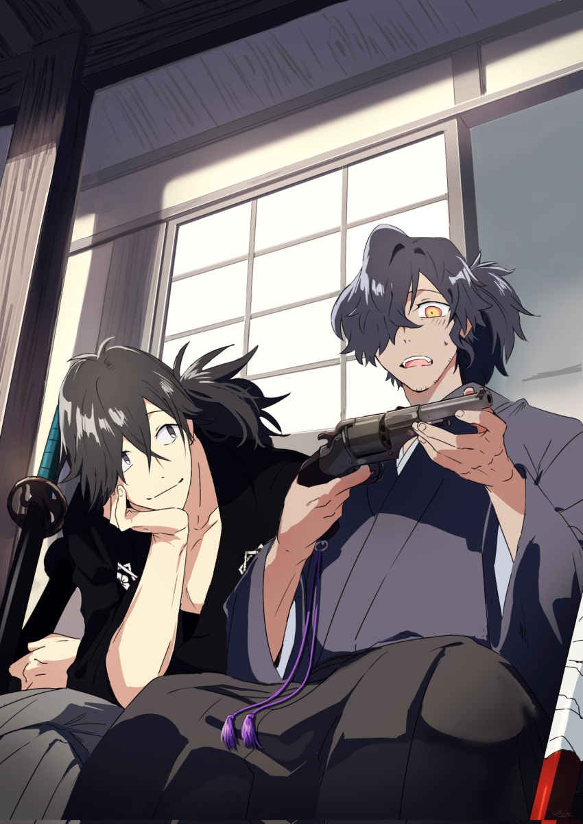 2boys, awestruck, bangs, black_eyes, black_hair, black_hakama, black_kimono, commentary