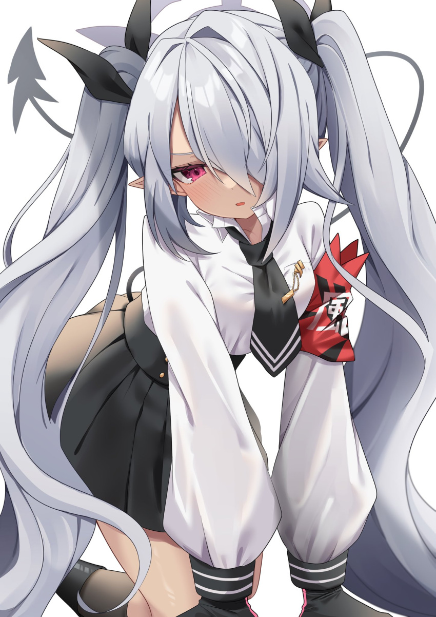 1girl, armband, asymmetrical_bangs, bangs, black_footwear, black_gloves, black_necktie, black_ribbon