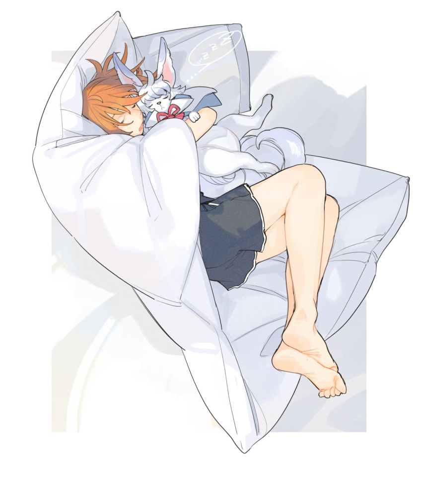 1girl, animal_hug, barefoot, black_shorts, border, closed_eyes, creature, fate/grand_order