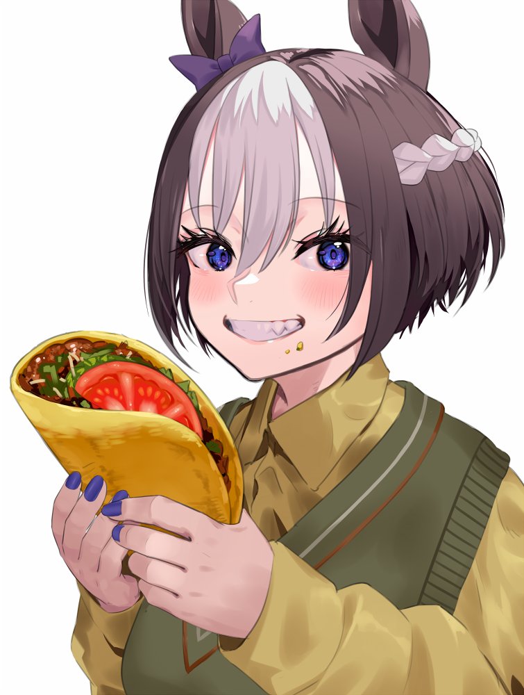 1girl, animal_ears, bangs, blush, bow, breasts, brown_hair, burrito