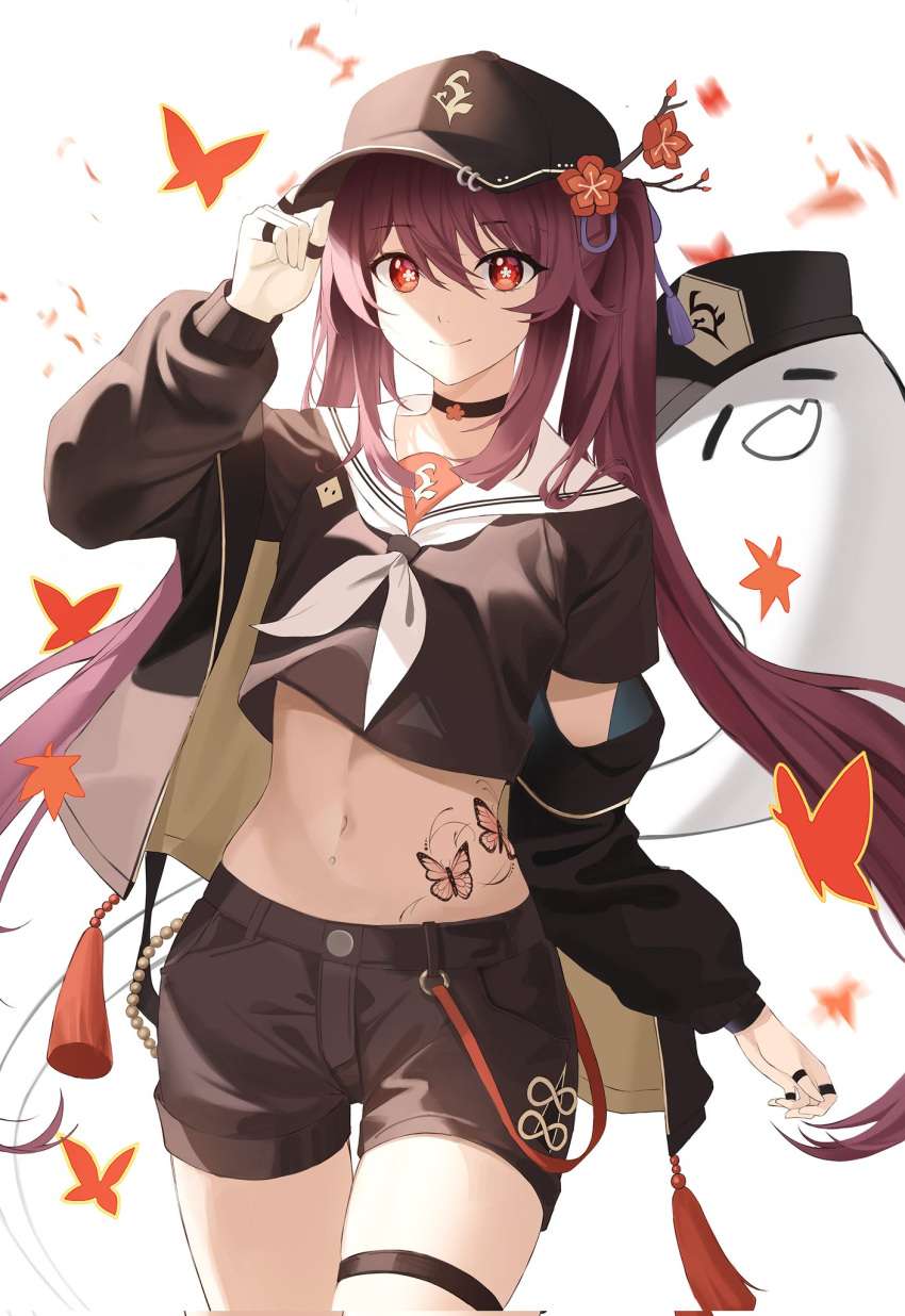 1girl, alternate_costume, arm_up, baseball_cap, black_choker, black_headwear, black_jacket, black_shirt