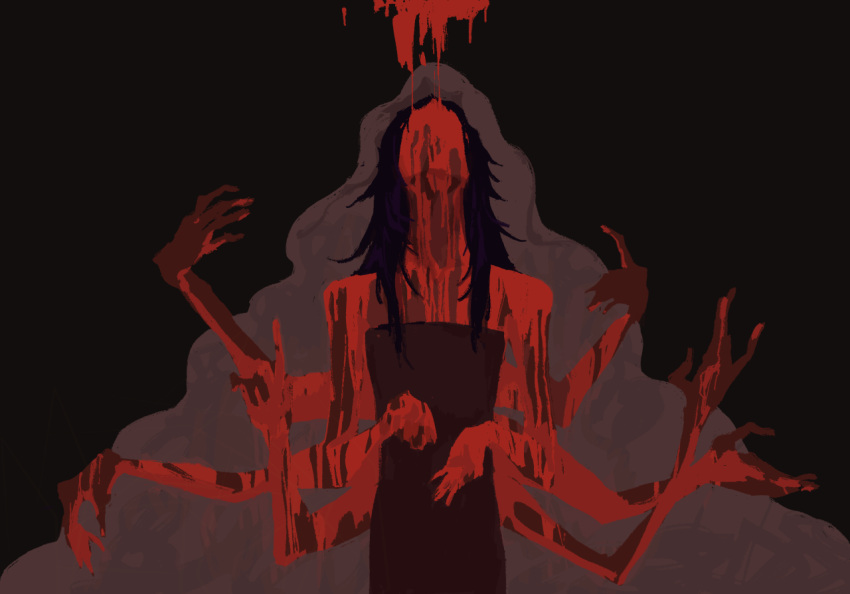 1girl, abstract_background, bare_shoulders, black_hair, blood, blood_on_face, chinese_commentary, commentary_request