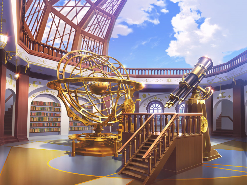 arch, armillary_sphere, bookshelf, clouds, crescent, day, dome, game_cg