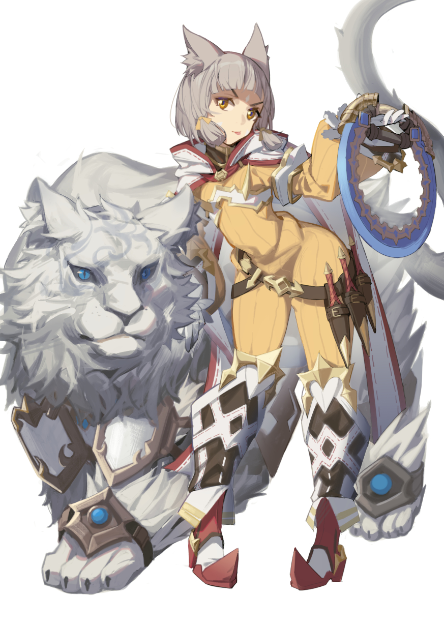 1girl, animal_ears, armored_boots, bangs, belt, blunt_bangs, bob_cut, boots, cat_ears, cat_girl, chakram, dagger, dromarch_(xenoblade), full_body, grey_hair, highres, holding, holding_weapon, jumpsuit, knife, lion, long_sleeves, looking_at_viewer, newflame, nia_(xenoblade), sheath, sheathed, short_hair, simple_background, solo, standing, tongue, tongue_out, v-shaped_eyebrows, weapon, white_background, white_hood, xenoblade_chronicles_(series), xenoblade_chronicles_2, yellow_eyes, yellow_jumpsuit