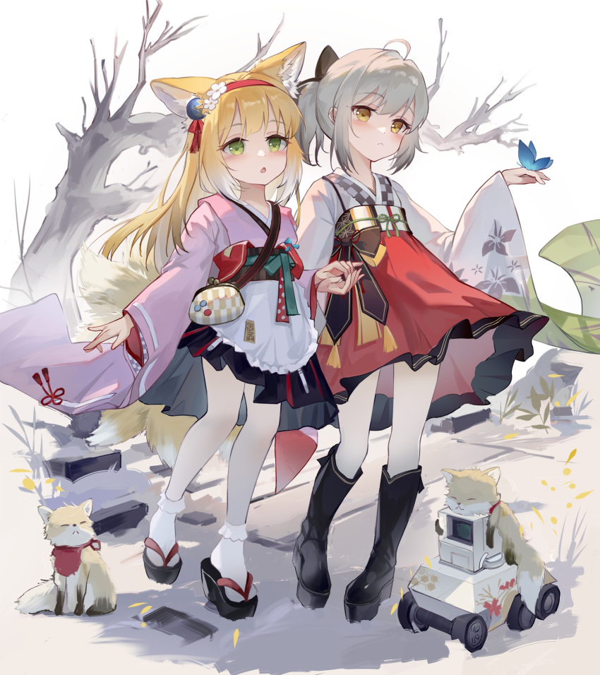 2girls, animal_ears, arknights, bangs, bare_tree, blonde_hair, blue_butterfly, blush, bug, butterfly, chinese_commentary, closed_mouth, clothing_request, commentary_request, fox, fox_ears, fox_tail, full_body, green_eyes, grey_hair, highres, holding_hands, japanese_clothes, kitsune, kyuubi, lens_(arknights), multiple_girls, multiple_tails, outdoors, parted_lips, samele_otaku, scene_(arknights), scene_(betsushi)_(arknights), standing, suzuran_(arknights), suzuran_(yukibare)_(arknights), tail, tree, yellow_eyes