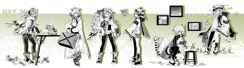 1girl, absurdres, arknights, armband, asymmetrical_legwear, bird, book, boots