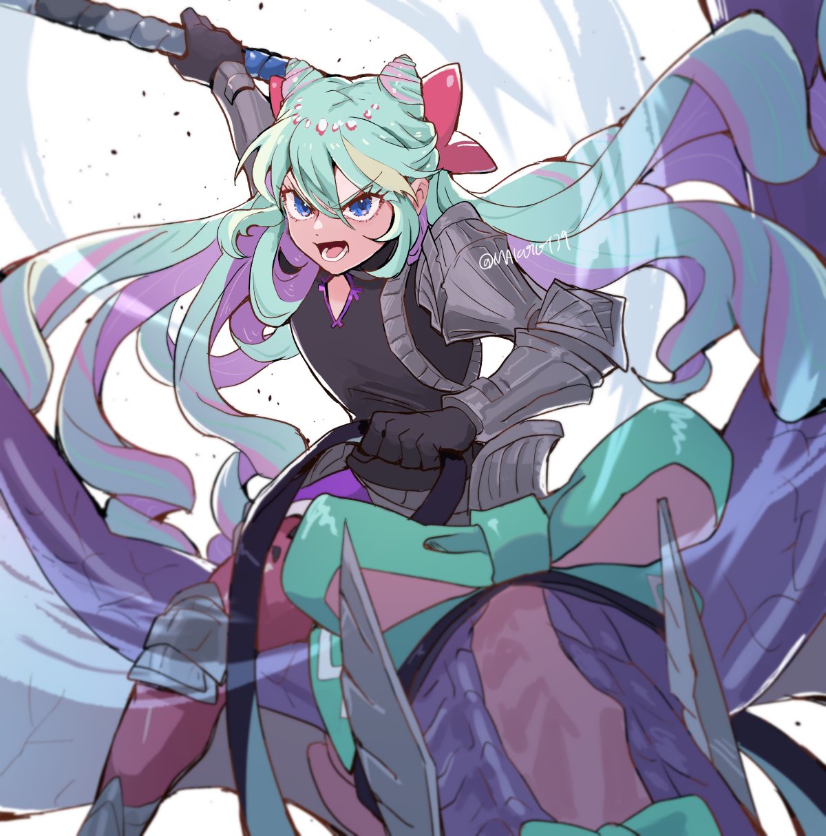 1boy, androgynous, arm_guards, black_gloves, blue_hair, bow, cone_hair_bun, diamond_cutout