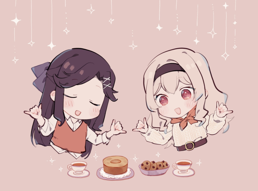 2girls, :d, bangs, baumkuchen, belt, belt_buckle, black_hairband, blonde_hair
