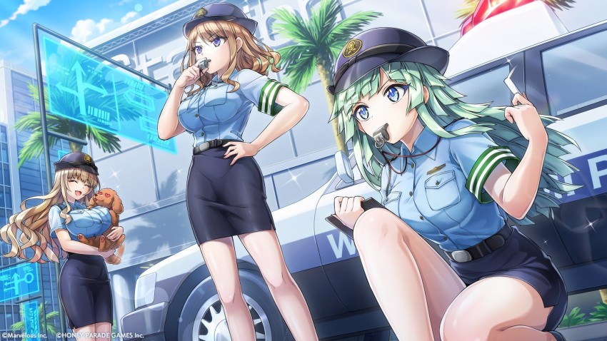 3girls, animal, belt, blowing_whistle, blue_eyes, blue_shirt, breasts, car