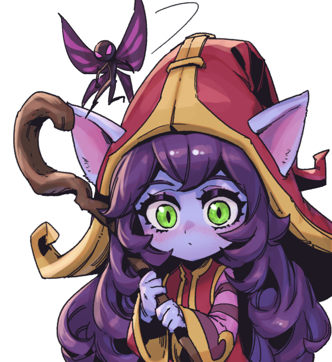 1girl, bangs, closed_mouth, colored_skin, commentary, dress, ears_through_headwear, english_commentary