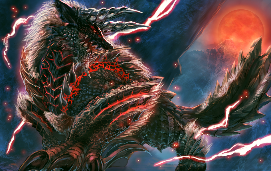 animal_ears, bearluxe, body_fur, claws, colored_sclera, electricity, horns, monster_hunter:_world