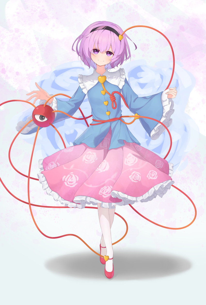 1girl, absurdres, black_eyes, black_hairband, blouse, blue_shirt, buttons, closed_mouth, fingernails, floral_print, frilled_shirt_collar, frilled_skirt, frilled_sleeves, frills, full_body, hair_between_eyes, hair_ornament, hairband, heart, heart_button, heart_hair_ornament, highres, komeiji_satori, long_sleeves, looking_at_viewer, pink_footwear, pink_hair, pink_skirt, rose_print, satori_day, shirt, shoes, short_hair, skirt, smile, solo, split_mouth, standing, third_eye, touhou, violet_eyes, wide_sleeves, wrainman
