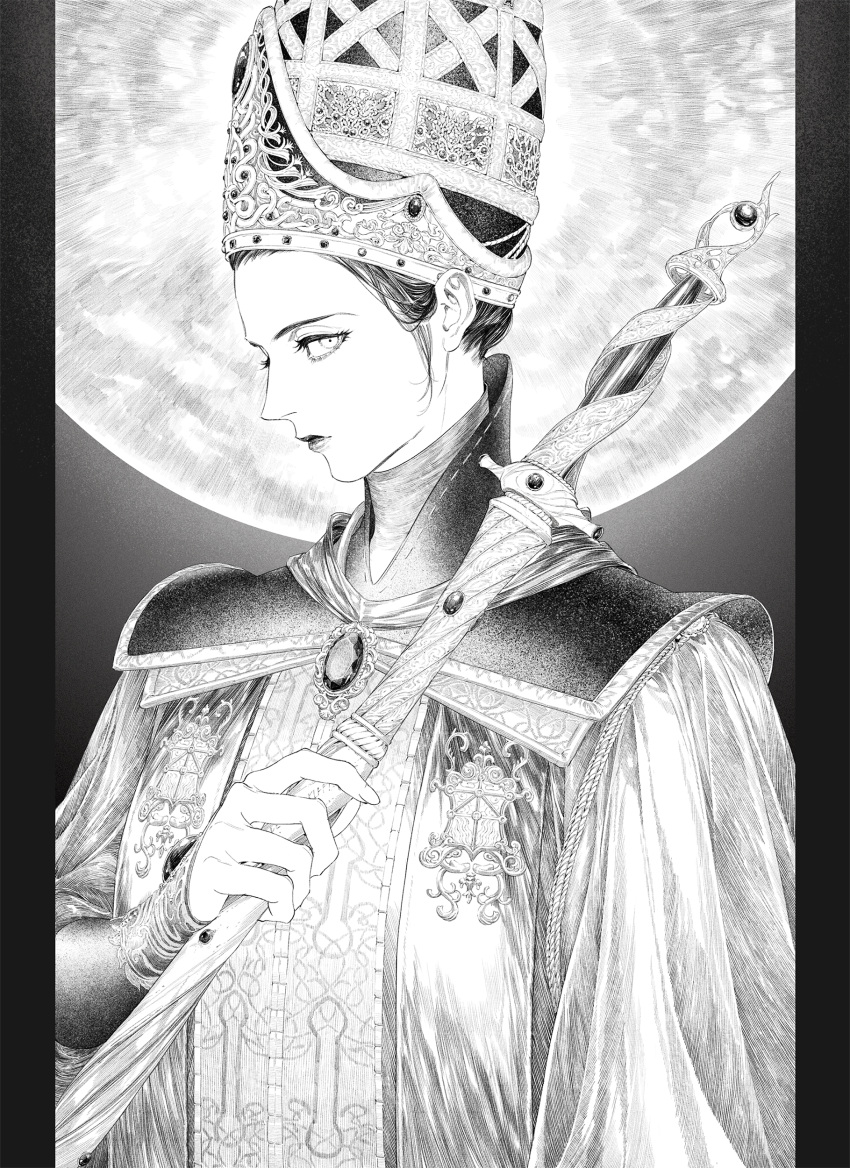 1girl, absurdres, brooch, closed_mouth, elden_ring, greyscale, hand_up, headwear_request