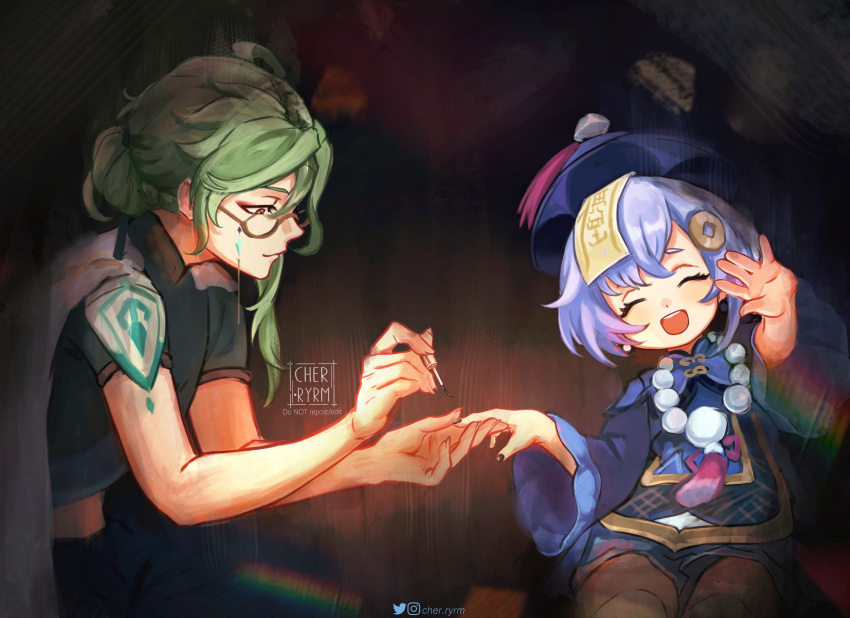 1boy, 1girl, ^_^, absurdres, baizhu_(genshin_impact), bangs, black_nails, black_shirt, brown_eyes, brown_pantyhose, cape, closed_eyes, cropped_shirt, eyeshadow, genshin_impact, glasses, green_eyes, green_hair, hair_behind_ear, hair_between_eyes, highres, jiangshi, makeup, nail_polish, nail_polish_brush, ofuda_on_head, open_hand, pantyhose, purple_headwear, purple_shirt, purple_shorts, qiqi_(genshin_impact), red_eyeshadow, ryrmcher, shirt, short_hair, shorts, sitting, smile, watermark, white_cape