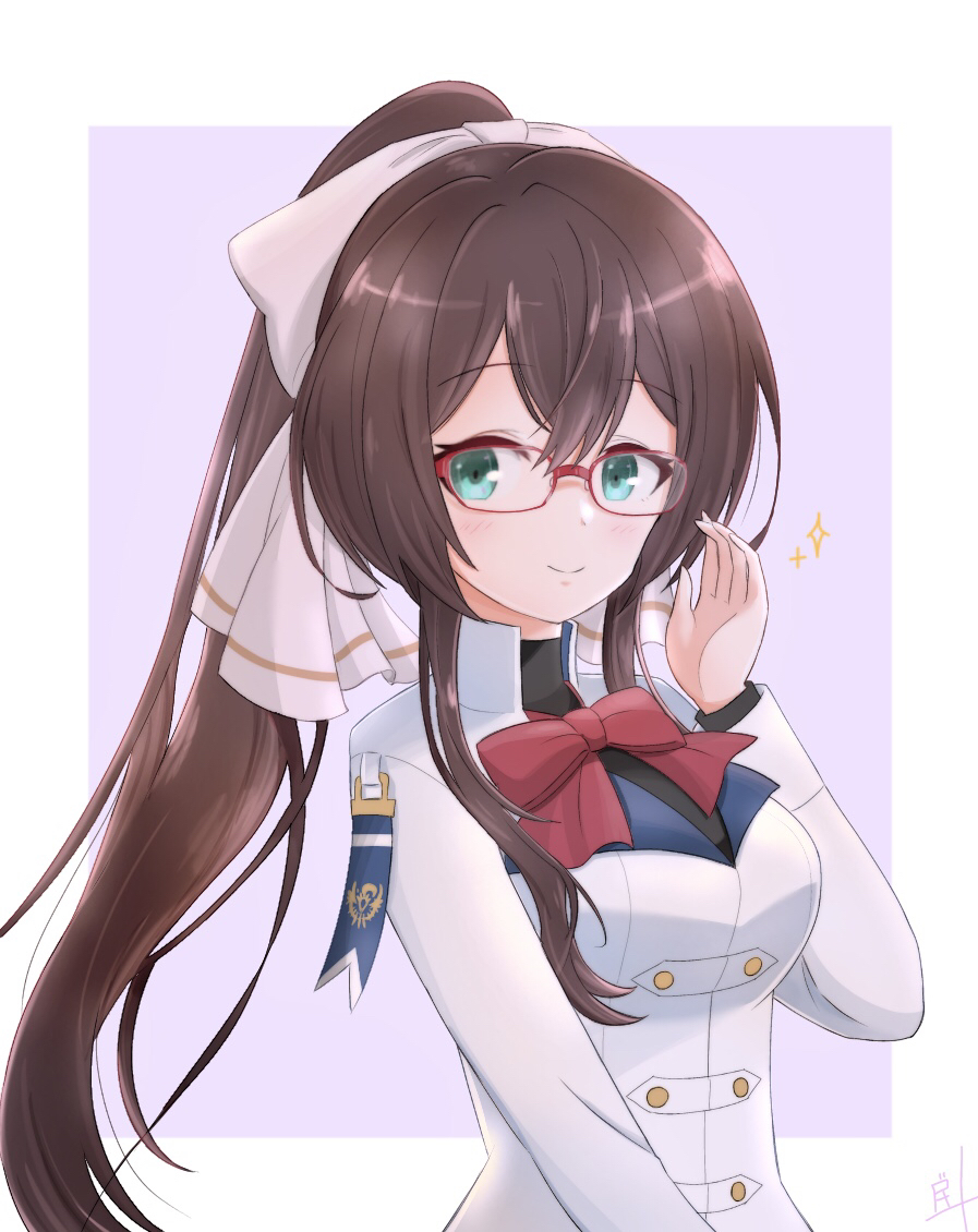 1girl, aqua_eyes, artist_name, assault_lily, bespectacled, black_shirt, border, bow