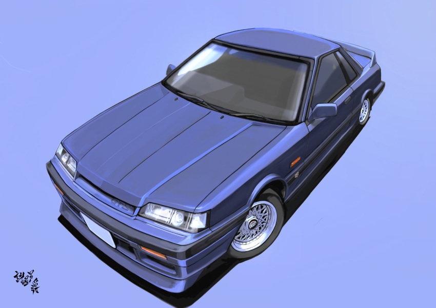 artist_name, blue_background, blue_car, headlight, highres, moroboshi_danshaku, nissan, nissan_skyline