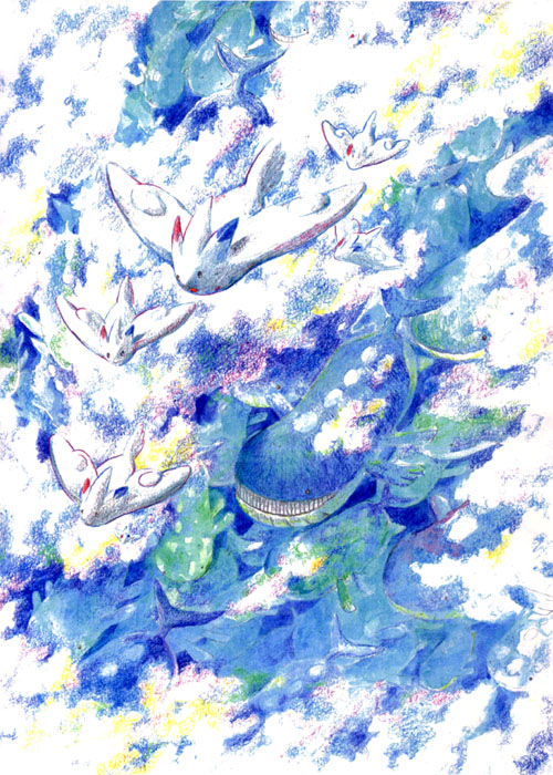 clouds, flying, nature, no._017, no_humans, ocean, pokemon, pokemon_(game), pokemon_dppt, pokemon_rse, togekiss, wailord, whale