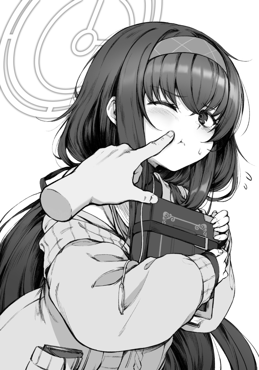 1girl, :t, blue_archive, book, cardigan, cheek_poking, closed_mouth, commentary, crossed_bangs, disembodied_limb, flying_sweatdrops, greyscale, hair_ribbon, hairband, halo, highres, holding, holding_book, long_sleeves, looking_at_viewer, low_twintails, monochrome, nihudau, one_eye_closed, poking, pout, ribbon, ringed_eyes, sailor_collar, sidelocks, simple_background, sleeves_past_wrists, solo, sweatdrop, twintails, ui_(blue_archive), white_background