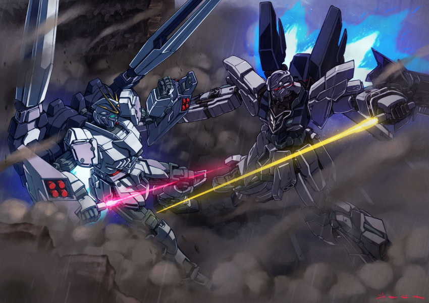 beam_rifle, blue_eyes, daue, energy_gun, eye_trail, fighting, flying, glowing