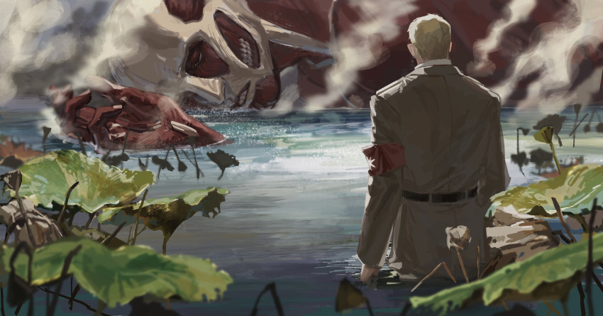2boys, absurdres, armband, black_hair, colossal_titan, death, from_behind, half-closed_eyes