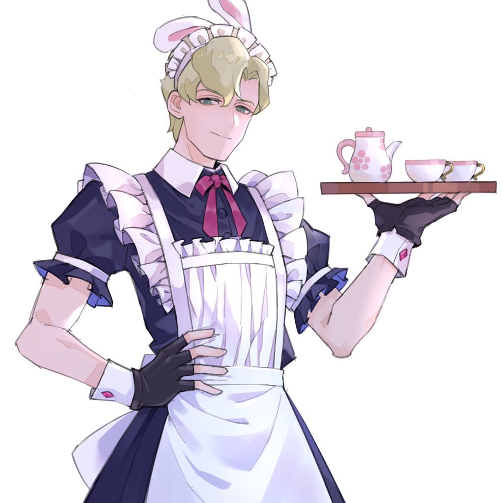 1boy, ace_attorney, alternate_costume, animal_ears, apron, babazy6070, black_gloves, blonde_hair, blue_dress, closed_mouth, crossdressing, cup, dress, enmaided, fake_animal_ears, fingerless_gloves, gloves, hand_on_hip, herlock_sholmes, holding, holding_tray, looking_at_viewer, maid, maid_apron, maid_headdress, male_focus, pink_ribbon, puffy_short_sleeves, puffy_sleeves, rabbit_ears, ribbon, short_hair, short_sleeves, simple_background, smile, solo, teacup, the_great_ace_attorney, tray, white_apron, white_background