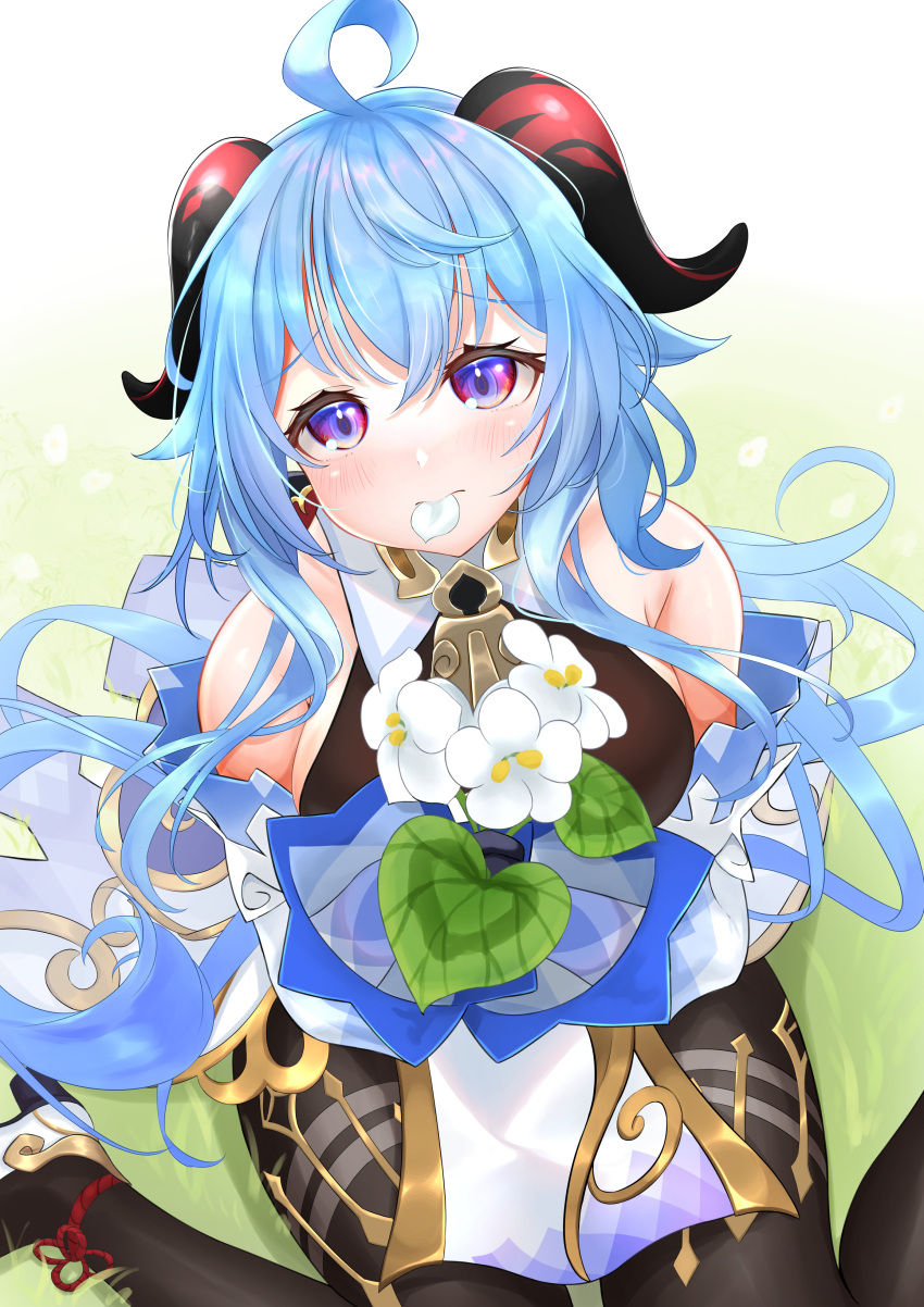 1girl, absurdres, ahoge, bare_shoulders, bell, black_pantyhose, blue_hair, blush
