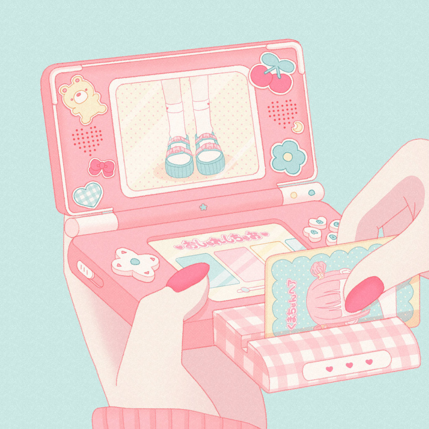 1girl, blue_background, blue_footwear, bow, card, card_reader, cherry, commentary, crescent, fingernails, flower, food, fruit, handheld_game_console, heart, highres, holding, holding_card, holding_handheld_game_console, long_sleeves, nail_polish, nekomaru0817, nintendo_ds, original, pastel_colors, pink_nails, plaid, pov, pov_hands, sandals, simple_background, sleeves_past_wrists, socks, solo, sticker, symbol-only_commentary, white_socks