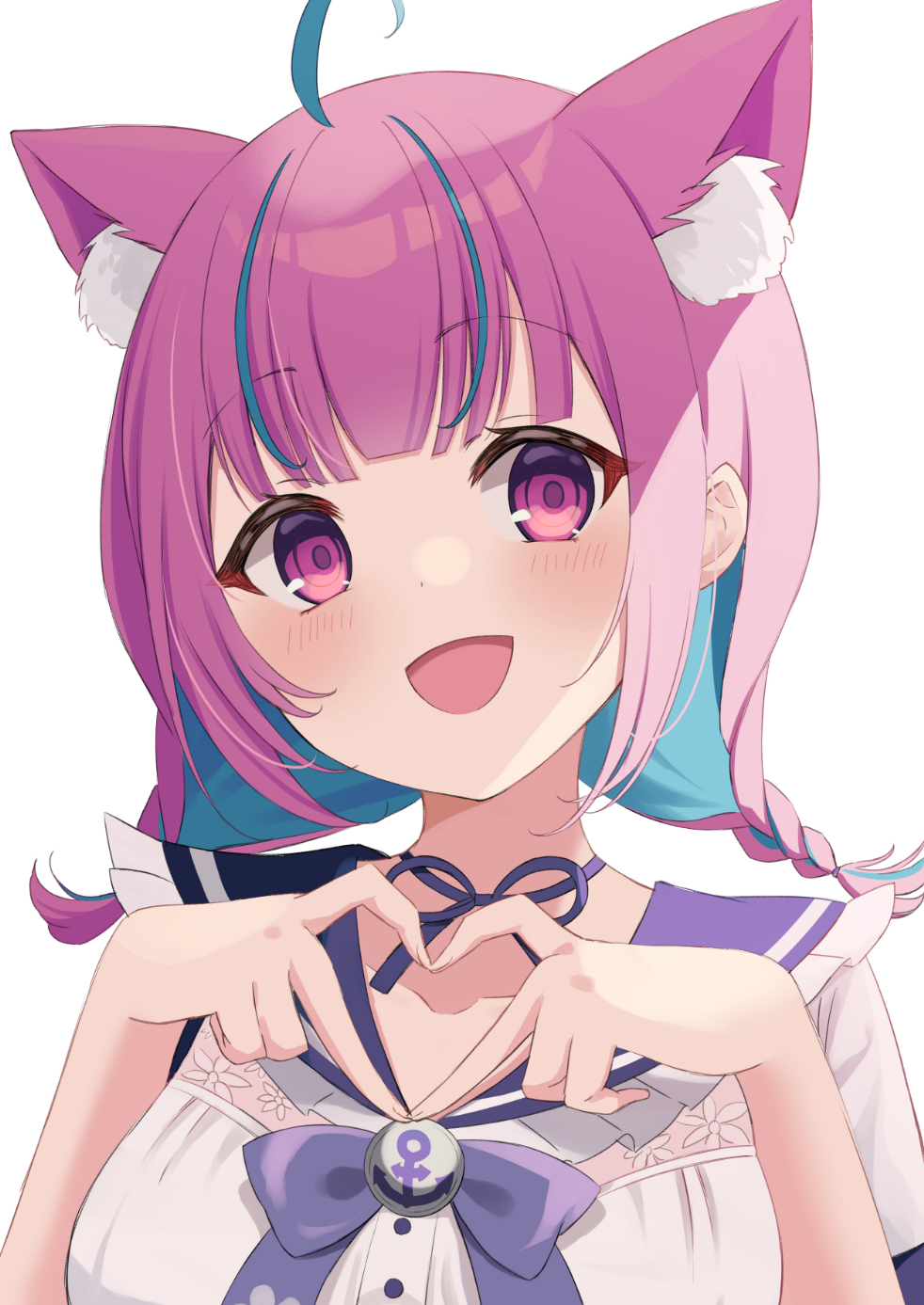 1girl, :d, ahoge, anchor_print, anchor_symbol, animal_ear_fluff, animal_ears, blue_bow