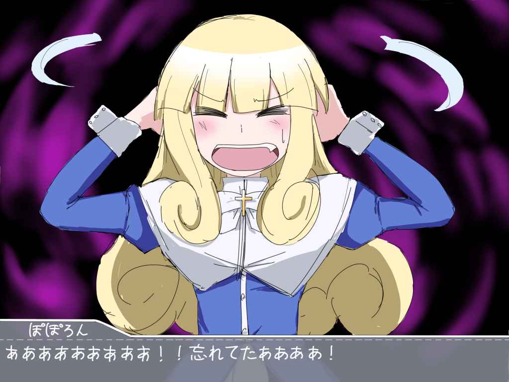 1girl, blonde_hair, closed_eyes, cookie_(touhou), curly_hair, fang, hands_on_own_head, jashin-chan_dropkick