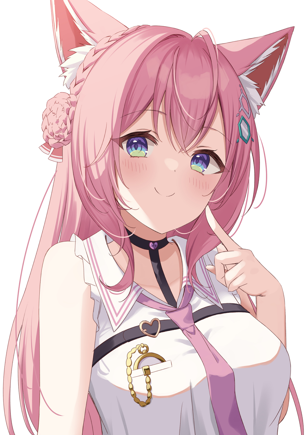 1girl, animal_ear_fluff, animal_ears, black_choker, blue_eyes, blush, braid, braided_bun