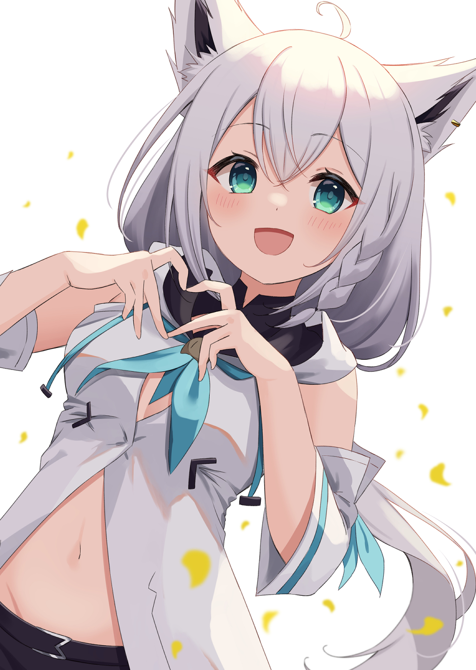 1girl, :d, ahoge, animal_ear_fluff, animal_ears, blue_neckerchief, blush, braid