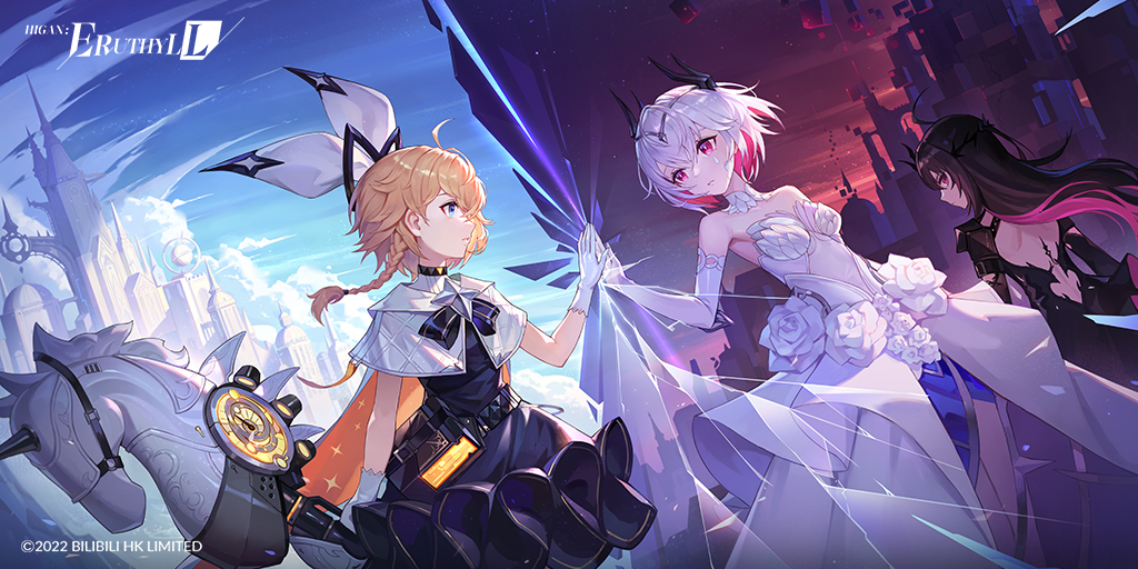 3girls, blonde_hair, colored_inner_hair, detached_collar, diadem, dress, flower, gloves