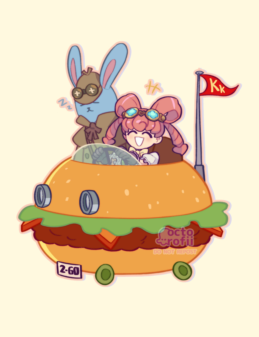 1girl, absurdres, ace_attorney, bow-shaped_hair, burger, car, character_doll, chibi, drill_hair, food, goggles, goggles_on_head, ground_vehicle, hair_rings, herlock_sholmes, highres, iris_wilson, long_hair, motor_vehicle, pink_hair, simple_background, sleeping, smile, stuffed_animal, stuffed_rabbit, stuffed_toy, the_great_ace_attorney, twintails, vampaniki, watermark