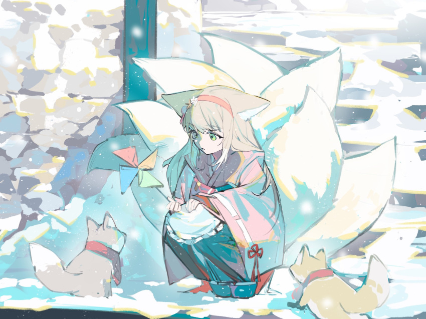 1girl, animal_ears, apron, arknights, black_hakama, flower, fox, fox_ears