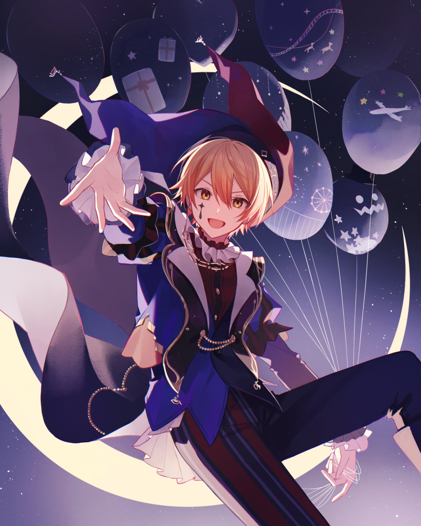1boy, 32_oogawa, :d, absurdres, balloon, blonde_hair, commentary, crescent_moon