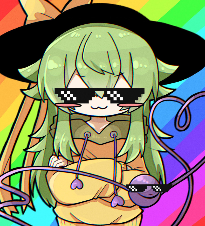 black_headwear, blush, bow, green_hair, highres, hood, hoodie, komeiji_koishi