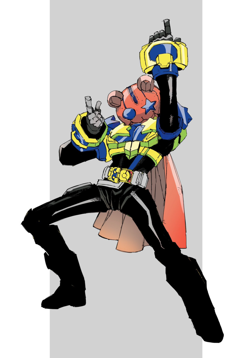 1boy, arm_up, armor, bear, bear_head, black_armor, black_bodysuit, black_footwear, blue_eyes, bodysuit, boots, cape, desire_driver, driver_(kamen_rider), gauntlets, gloves, highres, ichitaka_(1015ichitaka), index_finger_raised, jack-o'-lantern, kamen_rider, kamen_rider_geats_(series), kamen_rider_punkjack, male_focus, monster_buckle, orange_cape, pointing, pointing_forward, pointing_up, rider_belt, solo, spread_legs, star_(symbol), tokusatsu