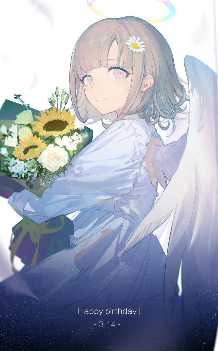 1girl, alternate_costume, alternate_hair_ornament, angel, back_cutout, bouquet, brown_eyes, brown_hair
